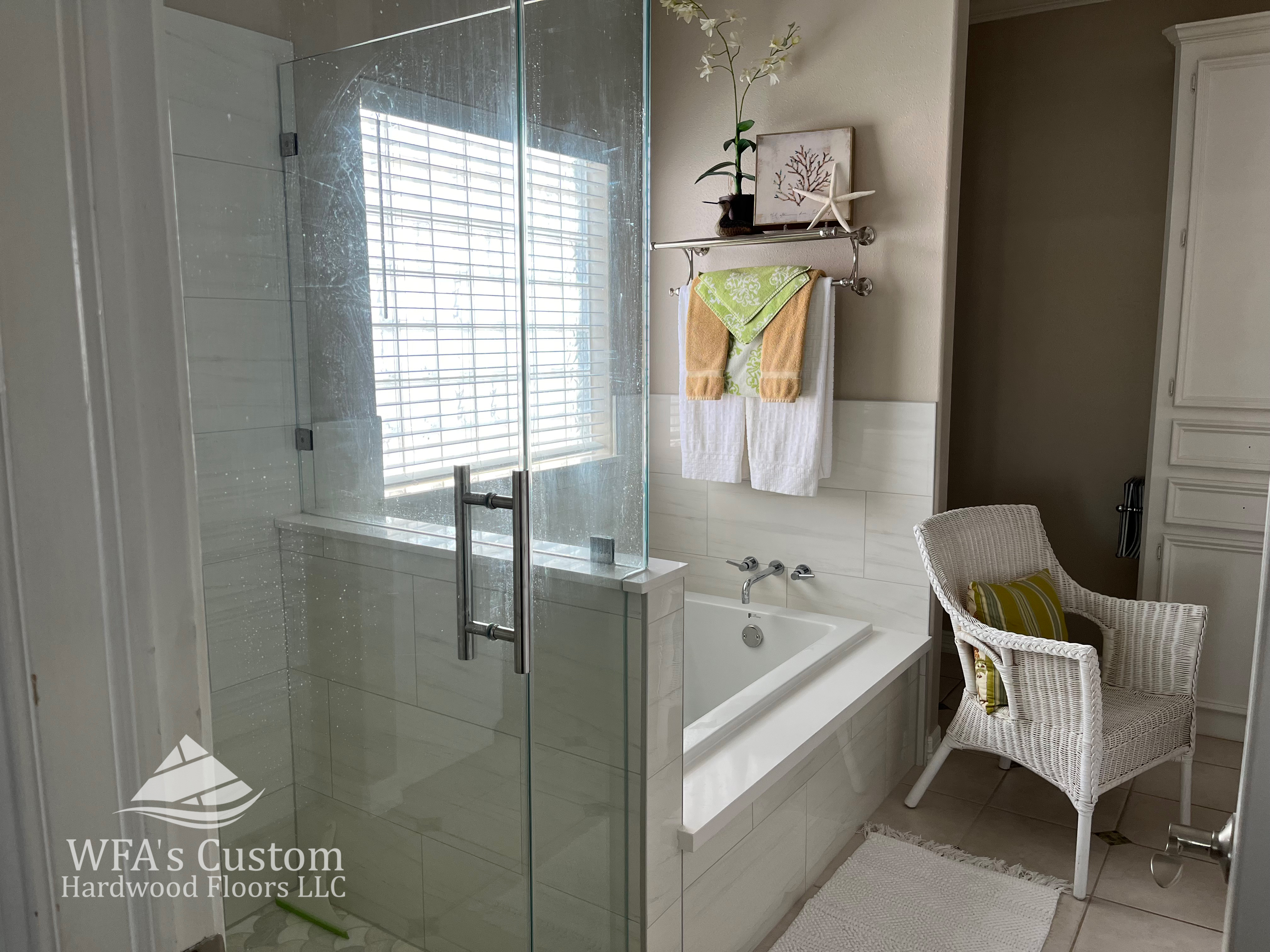 tile shower install with custom shower glass, beach house, wfa's custom hardwood floors, houston texas
